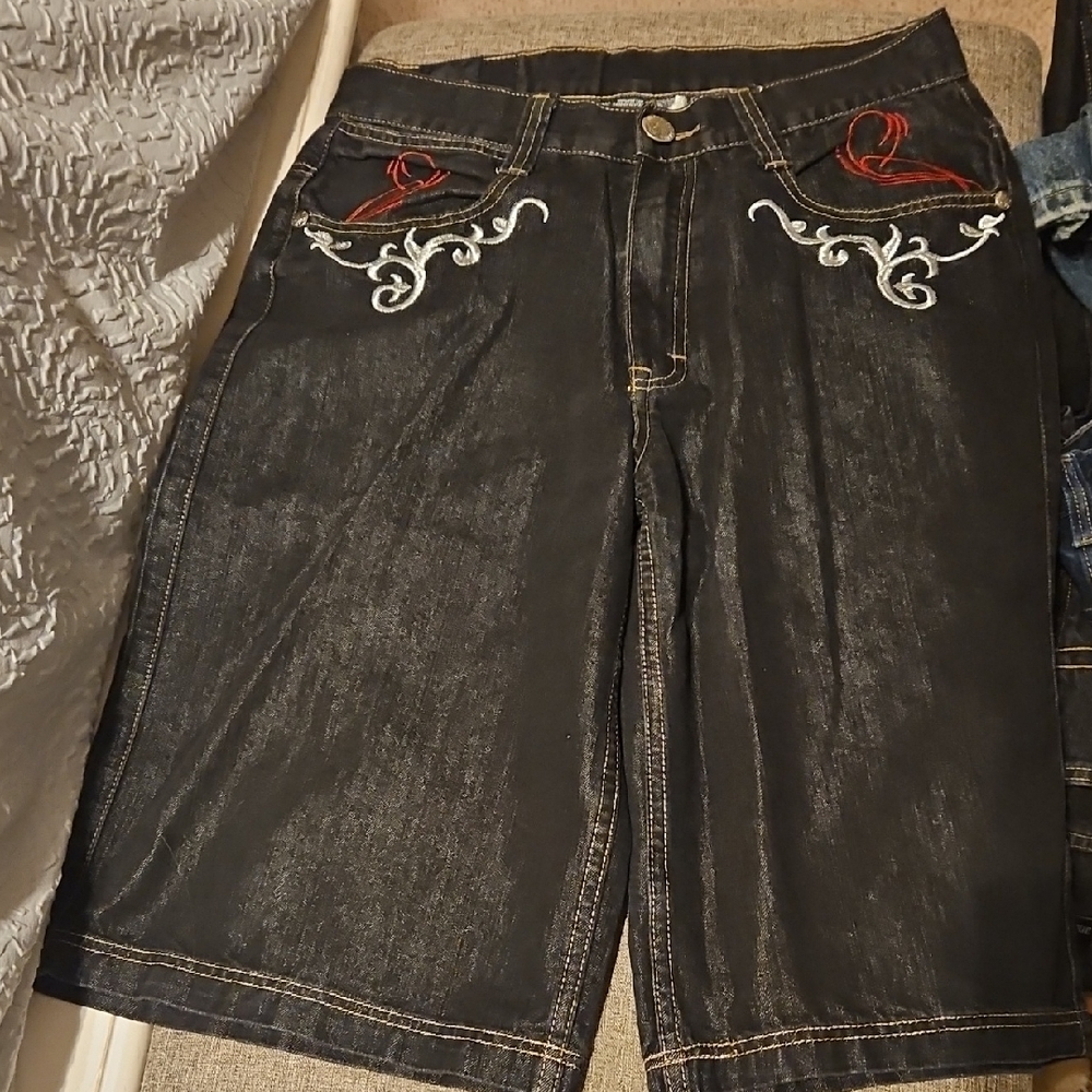 Elegant Black Jean Shorts with Embroidery